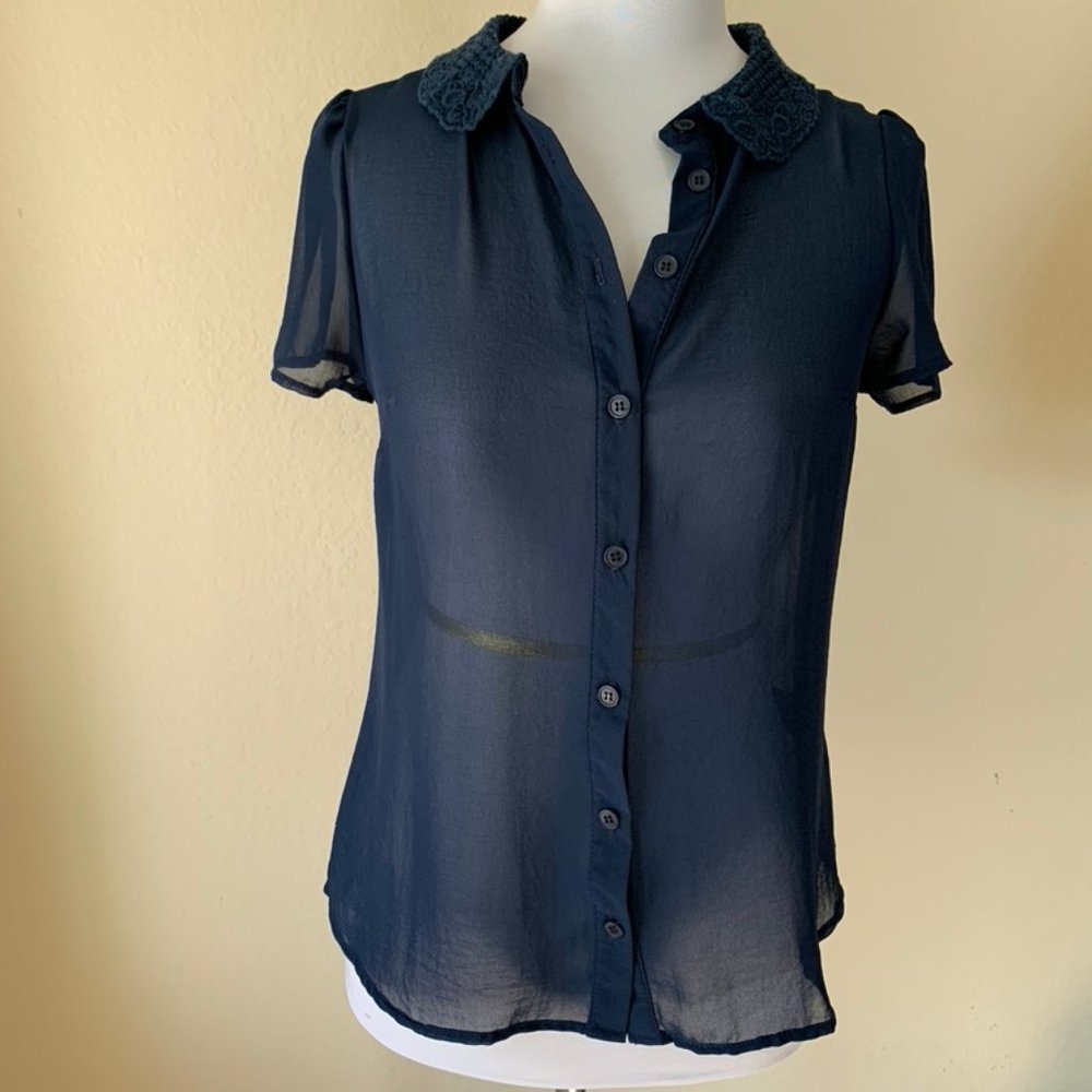 Pins & Needles Navy Sheer Blouse with Lace Collar